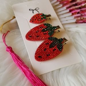 Red Rhinestone 3 pcs Strawberries Hair Clips New